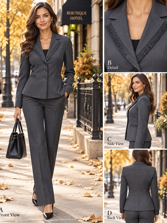 Tahari Jackets & Blazers - Tahari Size 8 Charcoal Pinstripe Wool Blazer Fringe Trim 3 Button
